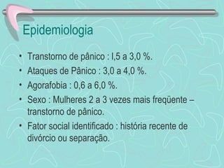 Epidemiologia  Transtorno de pânico : l,5 a 3,0 %. Ataques de Pânico : 3,0 a 4,0 %. Agorafobia : 0,6 a 6,0 %. Sexo : Mulheres 2 a 3 vezes mais freqüente – transtorno de pânico.  Fator social identificado : história recente de divórcio ou separação.  
