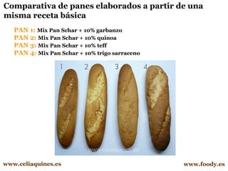 Comparativa de panes elaborados a partir de una
misma receta básica
PAN 1: Mix Pan Schar + 10% garbanzo
PAN 2: Mix Pan Schar + 10% quinoa
PAN 3: Mix Pan Schar + 10% teff
PAN 4: Mix Pan Schar + 10% trigo sarraceno

www.celiaquines.es

www.foody.es

 