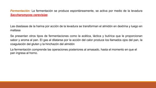 Fermentación: La fermentación se produce espontáneamente, se activa por medio de la levadura
Saccharomyces cerevisiae.
Las diastasas de la harina por acción de la levadura se transforman el almidón en dextrina y luego en
maltasa
Se presentan otros tipos de fermentaciones como la acética, láctica y butírica que le proporcionan
sabor y aroma al pan. El gas al dilatarse por la acción del calor produce los llamados ojos del pan, la
coagulación del gluten y la hinchazón del almidón
La fermentación comprende las operaciones posteriores al amasado, hasta el momento en que el
pan ingresa al horno.
 