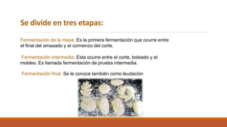 Se divide en tres etapas:
Fermentación de la masa: Es la primera fermentación que ocurre entre
el final del amasado y el comienzo del corte.
Fermentación intermedia: Esta ocurre entre el corte, boleado y el
moldeo. Es llamada fermentación de prueba intermedia.
Fermentación final: Se le conoce también como leudación
 