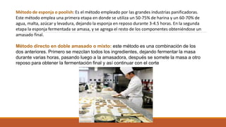 Método de esponja o poolish: Es el método empleado por las grandes industrias panificadoras.
Este método emplea una primera etapa en donde se utiliza un 50-75% de harina y un 60-70% de
agua, malta, azúcar y levadura, dejando la esponja en reposo durante 3-4.5 horas. En la segunda
etapa la esponja fermentada se amasa, y se agrega el resto de los componentes obteniéndose un
amasado final.
Método directo en doble amasado o mixto: este método es una combinación de los
dos anteriores. Primero se mezclan todos los ingredientes, dejando fermentar la masa
durante varias horas, pasando luego a la amasadora, después se somete la masa a otro
reposo para obtener la fermentación final y así continuar con el corte
 