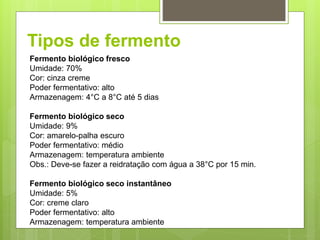 Tipos de fermento
Fermento biológico fresco
Umidade: 70%
Cor: cinza creme
Poder fermentativo: alto
Armazenagem: 4°C a 8°C até 5 dias
Fermento biológico seco
Umidade: 9%
Cor: amarelo-palha escuro
Poder fermentativo: médio
Armazenagem: temperatura ambiente
Obs.: Deve-se fazer a reidratação com água a 38°C por 15 min.
Fermento biológico seco instantâneo
Umidade: 5%
Cor: creme claro
Poder fermentativo: alto
Armazenagem: temperatura ambiente
 