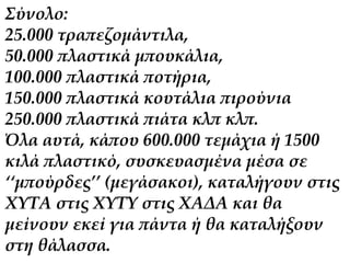 Σύνολο: 
25.000 τραπεζομάντιλα, 
50.000 πλαστικά μπουκάλια, 
100.000 πλαστικά ποτήρια, 
150.000 πλαστικά κουτάλια πιρούνια 
250.000 πλαστικά πιάτα κλπ κλπ. 
Όλα αυτά, κάπου 600.000 τεμάχια ή 1500 
κιλά πλαστικό, συσκευασμένα μέσα σε 
‘‘μπούρδες’’ (μεγάσακοι), καταλήγουν στις 
ΧΥΤΑ στις ΧΥΤΥ στις ΧΑΔΑ και θα 
μείνουν εκεί για πάντα ή θα καταλήξουν 
στη θάλασσα. 
 