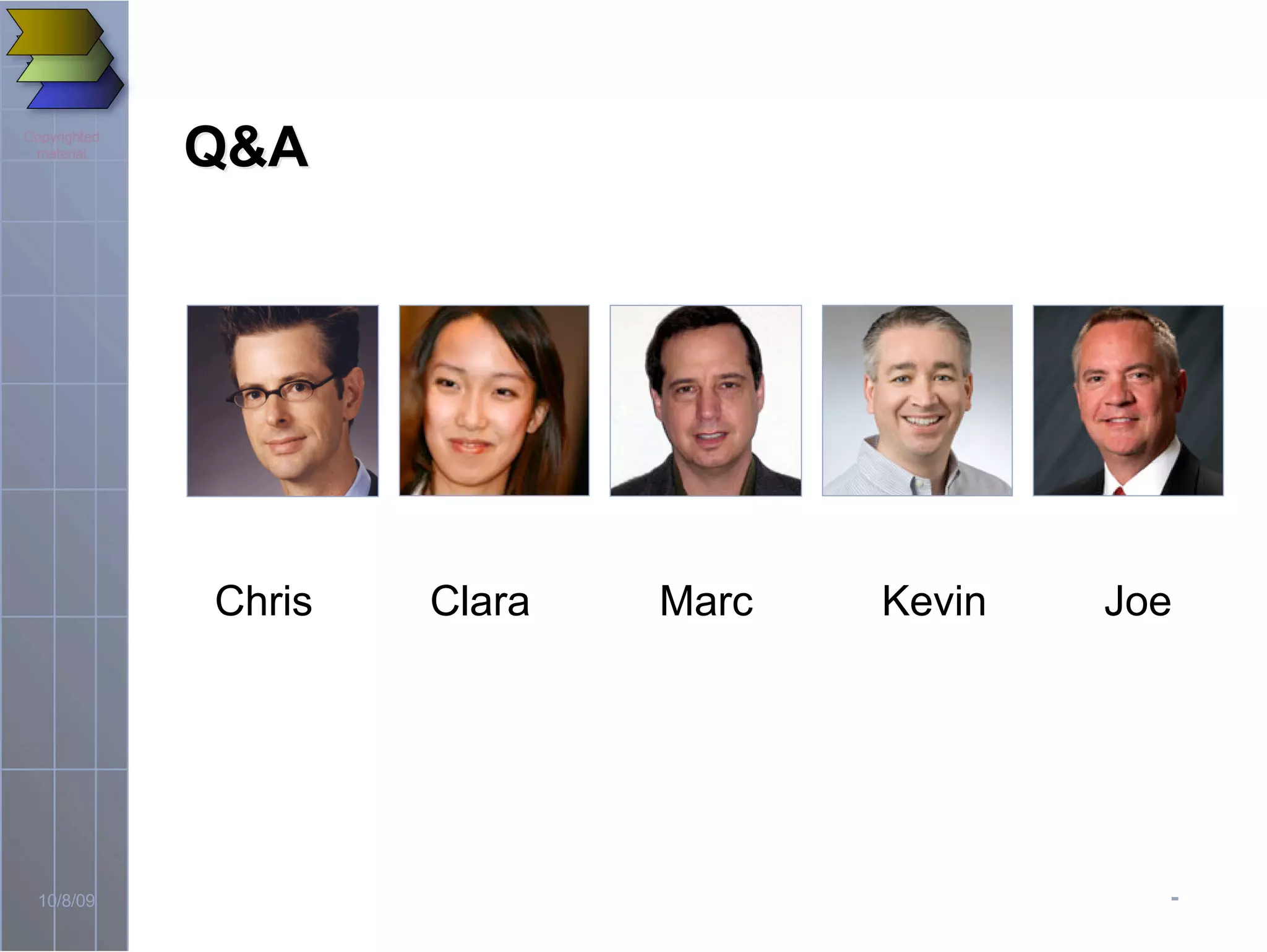 -10/8/09
Copyrighted
material
Q&AQ&A
Chris Clara Marc Kevin Joe
 