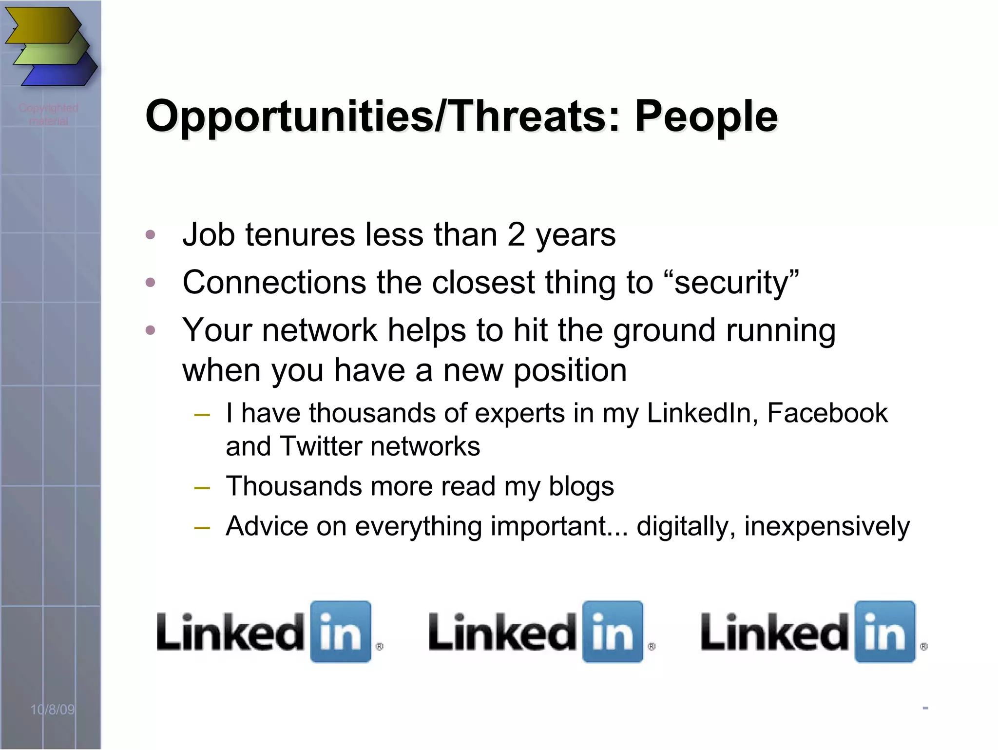 -10/8/09
Copyrighted
material
Opportunities/Threats: PeopleOpportunities/Threats: People
• Job tenures less than 2 years
• Connections the closest thing to “security”
• Your network helps to hit the ground running
when you have a new position
– I have thousands of experts in my LinkedIn, Facebook
and Twitter networks
– Thousands more read my blogs
– Advice on everything important... digitally, inexpensively
 