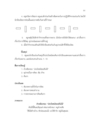 91
4. ครูสาธิตการรอยกก ครูและเด็กรวมกันสรางขอตกลงในการปฏิบัติกิจกรรมรวมกัน โดยให
นักเรียนรอยกกทอนสั้นและยาวสลับกันตามที่กําหนด
5. ครูกระตุนใหเด็กทํากิจกรรมที่หลากหลาย เปดโอกาสใหเด็กไดสนทนา เลาเรื่องราว
เกี่ยวกับการใชวัสดุ อุปกรณและผลงานที่ทําอยู
6. เมื่อทํากิจกรรมเสร็จแลวใหนักเรียนชวยกันเก็บอุปกรณเขาที่ใหเรียบรอย
ขั้นสรุป
7. ครูและนักเรียนรวมกันสรุปถึงประโยชนของตนกกนักเรียนแสดงผลงานและเลาเรื่องราว
เกี่ยวกับผลงาน และนับทบทวนจํานวน 1 - 10
สื่อการเรียนรู
1. คําคลองจอง “ประโยชนของตนไม”
2. อุปกรณในการรอย เข็ม ดาย
3. ตนกก
ประเมินผล
1. สังเกตความตั้งใจในการรอย
2. สังเกตการตอบคําถาม
3. การตรวจผลงานการรอยตนกก
ภาคผนวก
คําคลองจอง “ประโยชนของตนไม”
ตนไมนี้ดีและมีคุณคา ตอเราหนักหนา หนูจาจงฟง
ใชไมสรางบาน พักผอนนอนนั่ง นกไดทํารัง อยูเปนสุขเอย
 