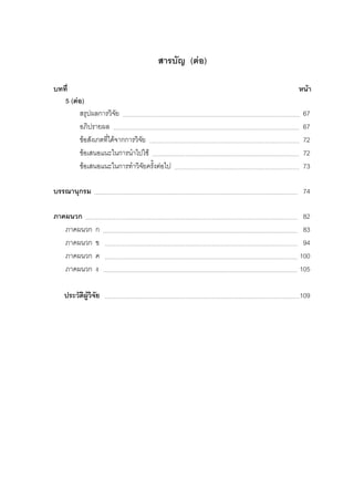 สารบัญ (ตอ)
บทที่ หนา
5 (ตอ)
สรุปผลการวิจัย 67
อภิปรายผล 67
ขอสังเกตที่ไดจากการวิจัย 72
ขอเสนอแนะในการนําไปใช 72
ขอเสนอแนะในการทําวิจัยครั้งตอไป 73
บรรณานุกรม 74
ภาคผนวก 82
ภาคผนวก ก 83
ภาคผนวก ข 94
ภาคผนวก ค 100
ภาคผนวก ง 105
ประวัติผูวิจัย 109
 
