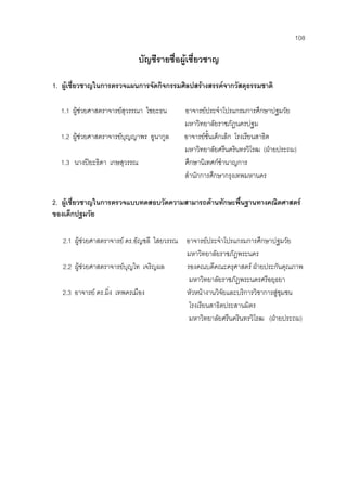 108
บัญชีรายชื่อผูเชี่ยวชาญ
1. ผูเชี่ยวชาญในการตรวจแผนการจัดกิจกรรมศิลปสรางสรรคจากวัสดุธรรมชาติ
1.1 ผูชวยศาสตราจารยสุวรรณา ไชยะธน อาจารยประจําโปรแกรมการศึกษาปฐมวัย
มหาวิทยาลัยราชภัฏนครปฐม
1.2 ผูชวยศาสตราจารยบุญญาพร อูนากูล อาจารยชั้นเด็กเล็ก โรงเรียนสาธิต
มหาวิทยาลัยศรีนครินทรวิโรฒ (ฝายประถม)
1.3 นางปยะธิดา เกษสุวรรณ ศึกษานิเทศกชํานาญการ
สํานักการศึกษากรุงเทพมหานคร
2. ผูเชี่ยวชาญในการตรวจแบบทดสอบวัดความสามารถดานทักษะพื้นฐานทางคณิตศาสตร
ของเด็กปฐมวัย
2.1 ผูชวยศาสตราจารย ดร.อัญชลี ไสยวรรณ อาจารยประจําโปรแกรมการศึกษาปฐมวัย
มหาวิทยาลัยราชภัฏพระนคร
2.2 ผูชวยศาสตราจารยบุญไท เจริญผล รองคณบดีคณะครุศาสตร ฝายประกันคุณภาพ
มหาวิทยาลัยราชภัฏพระนครศรีอยุธยา
2.3 อาจารย ดร.มิ่ง เทพครเมือง หัวหนางานวิจัยและบริการวิชาการสูชุมชน
โรงเรียนสาธิตประสานมิตร
มหาวิทยาลัยศรีนครินทรวิโรฒ (ฝายประถม)
 