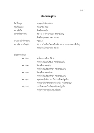 110
ประวัติยอผูวิจัย
ชื่อ ชื่อสกุล นางสาวปานิตา กุดกรุง
วันเดือนปเกิด 7 เมษายน 2522
สถานที่เกิด จังหวัดขอนแกน
สถานที่อยูปจจุบัน 12/4 ม. 4 แขวงบางแวก เขตภาษีเจริญ
จังหวัดกรุงเทพมหานคร 10160
ตําแหนงหนาที่การงาน ครู คศ.1
สถานที่ทํางานปจจุบัน 12 ม. 4 โรงเรียนวัดมะพราวเตี้ย แขวงบางแวก เขตภาษีเจริญ
จังหวัดกรุงเทพมหานคร 10160
ประวัติการศึกษา
พ.ศ.2533 จบชั้นประถมศึกษาปที่ 6
จาก โรงเรียนบานสีชมพู จังหวัดขอนแกน
พ.ศ.2536 มัธยมศึกษาตอนตน
จาก โรงเรียนสีชมพูศึกษา จังหวัดขอนแกน
พ.ศ.2539 มัธยมศึกษาตอนปลาย
จาก โรงเรียนสีชมพูศึกษา จังหวัดขอนแกน
พ.ศ.2544 ครุศาสตรบัณฑิต (สาขาวิชาการศึกษาปฐมวัย)
จาก สถาบันราชภัฏหมูบานจอมบึง จังหวัดราชบุรี
พ.ศ. 2553 การศึกษามหาบัณฑิต (การศึกษาปฐมวัย)
จาก มหาวิทยาลัยศรีนครินทรวิโรฒ
 