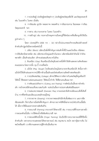 21
7. การประดิษฐ ประดิษฐเศษวัสดุตาง ๆ ประดิษฐเศษวัสดุเหลือใช และวัสดุธรรมชาติ
เชน ใบมะพราว ใบตอง เปนตน
8. การรอยเชน ลูกปด หลอดภาพ หลอดดาย การรอยกระดาษ รอยหลอด การรอย
วัสดุธรรมชาติ ฯลฯ
9. การสาน เชน งานกระดาษ ใบตอง ใบมะพราว
10. การสรางรูป เชน กระดานปกหมุดจากแปนตะปูที่ใชหนังยางหรือเชือกผูกดึงใหเปน
รูปรางตาง ๆ
นิตยา ประพฤติกิจ (2539: 114 - 32) กลาวถึงประเภทของกิจกรรมศิลปสรางสรรค
สําหรับเด็กปฐมวัยมีหลายชนิดตอไปนี้
1. บล็อก (Block) บล็อกเปนสิ่งที่สําคัญมากตอเด็กทั้งที่บานและโรงเรียน ชนิดของ
การใชบล็อกมีหลายชนิด เชน บล็อกขนาดใหญและขางในกลวง บล็อกชนิดแข็งทําดวยไม ทําดวย
พลาสติก เมื่อเด็กเลนบล็อก เด็กจะเลนสมมติบทบาทไปดวย
2. ดินเหนียว (Clay) ดินเหนียวเปนวัตถุดิบอยางหนึ่งที่ทําใหเด็กแสดงความคิดเห็นของ
ตนเองออกมาโดยการกลิ้ง ทุบ บี้ ตามที่พอใจ
3. แปงโด (Play Dough) โรงเรียนสวนใหญไมสามารถหาดินเหนียวได ดังนั้นการทํา
แปงโดไวใหเด็กเลนนอกจากจะไดฝกกลามเนื้อเล็กและยังสงเสริมความคิดสรางสรรคของเด็ก
4. การปะติดเศษวัสดุ (Collage) เด็กจะใชจิตนาการจัดการกับเศษวัสดุที่ครูเตรียมไว
ใหดังนี้ ใชหลอดกาแฟแทนแขนและขา ใชฟองน้ําทําหัว ใชเชือกแทนเสนผม ฯลฯ
5. การตัดและปะดวยกาว (Cutting and Pasting) การตัดนับเปนเรื่องยากสําหรับ
เด็ก กรรไกรควรมีลักษณะที่เหมาะสมกับเด็ก จะชวยในเรื่องการประสานสัมพันธมือและตา
6. การเลนบทบาทสมมติ (Dramatic Play) ตามธรรมชาติเด็กจะเลียนแบบสิ่งที่เห็นที่
บาน จากชีวิตจริงและเลียบแบบพฤติกรรมผูใหญ
7. การวาดภาพ (Drawing) การวาดภาพของเด็กมีลําดับขั้นพัฒนาการ และการขีด
เขียนของเด็ก ถือวาเปนการเริ่มตนที่สําคัญมาก เด็กจะวาดภาพไดดีเมื่อสามารถบังคับกลามเนื้อมือ
ได เมื่อการใชมือและตาประสานสัมพันธกัน
8. การระบายสี (Painting) สามารถทําไดหลายวิธี เชน การระบายสีที่กระดานขาหยั่ง
การละเลงดวยนิ้วมือ การใชฟองน้ําหรือพิมพระบายสี ฯลฯ
9. การละเลงสีดวยนิ้วมือ (Finger Painting) นับเปนวิธีการระบายอารมณที่ดีวิธีหนึ่ง
สําหรับเด็ก เพราะสามารถแสดงออกไดหลายอารมณ เชน สนุกสนาน สนใจ อยากรูอยากเห็น ไม
พอใจหรือเศรา บางทีอาจแสดงความรูสึกกลัวเมื่อเห็นภาพ
 
