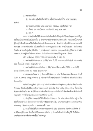 25
2. เศษวัสดุเหลือใช
2.1 พลาสติก เปนวัสดุที่หาไดงาย เมื่อใชหมดแลวก็ทิ้งไป เชน ขวดแชมพู
ขวดนม
2.2 กระดาษทุกชนิด เชน กระดาษลัง กลองนม หนังสือพิมพ ฯลฯ
2.3 โลหะ เชน กระปองนม กระปองแปง ตะปู ลวด ฯลฯ
2.4 อื่น ๆ
นอกจากวัสดุที่เหลือใชที่กลาวมาในขั้นตนแลวยังมีวัสดุเหลือใชและวัสดุธรรมชาติที่ถูก
ละทิ้งไมนํามาใชประโยชนอยางอื่น ๆ อีกมากมายที่สามารถหาไดในทองถิ่น วัสดุเหลานี้นํามาให
ผูเรียนรูจักฝกสรางสรรคใหเปนสิ่งแปลกใหม มีความสวยงาม นํามาใชประโยชนเปนของสวยงามให
ความสุข ความเพลิดเพลิน เปนของที่ระลึก ของขวัญของฝาก เชน การนําแขนงไผ เปลือกหอย
กอนหิน มาประดิษฐเปนรูปสัตวตาง ๆ การนําเศษผา กระดาษ กระดุมมาประดิษฐเปนภาพ การนํา
กลองมาประดิษฐเปนที่ใสดินสอ ปากกา นําใบไมสดมาสรางสรรคเปนรูปภาพ เปนตน
เลิศ อานันทนะ. (2539: 119) แบงวัสดุออกเปน 2 ชนิด คือ
1. เศษวัสดุที่มีลักษณะแบน (2 มิติ) ไดแก ใบไม กระดาษ หนังสือพิมพ กระดาษหอ
ของ ตั๋วรถเมล ฟางขาว หญาแหง ฯลฯ
2. เศษวัสดุที่มีลักษณะเปนกอน (3 มิติ) ไดแกเปลือกมะพราว ไมไผ กะลา กิ่งไม
รากไม กอนหิน กรวด ดิน กลอง เมล็ดพืช ฯลฯ
การสะสมเศษวัสดุตาง ๆ ในยามที่ไปทัศนาจร เชน ฝกหัดสะสมเปลือกหอย หินที่
แปลก ๆ แสตมป และรูปภาพตาง ๆ เก็บรักษาไวที่มิดชิดปลอดภัย ไมกีดขวาง เพื่อเตรียมไวใชใน
โอกาสตอไป
สมจินต มนูญศิลป (2543: 2) กลาวถึงการพิจารณาวัสดุตาง ๆ เสียกอนที่จะนํามาทํา
กิจกรรม วัสดุที่เหลือใชจากทรัพยากรธรรมชาติ เมล็ดพืช พืชบางชนิด มียาง มีขน ที่อาจเปน
อันตรายตอผิวหนัง เชน ทําใหเกิดอาการคันหรือเปนแผล ฉะนั้นจึงจําเปนที่จะตองศึกษาดีเสียกอนที่
จะนําไปใช จากที่กลาวมาสามารถหาวัสดุไดตาง ๆ ดังนี้
1. วัสดุที่ไดจากของเหลือใชในชีวิตประจําวันทุก ๆ วัน เชน กลองยาสีฟน สบู ฉะนั้น
ของที่เปนเศษวัสดุจึงมีมากมายจากการที่เราใชของจําเปน เชน แกนกระดาษชําระ แกนหลอดดาย
ขวดแชมพู กลองกระดาษตาง ๆ ขวดพลาสติก ฯลฯ
2. วัสดุที่เหลือใชที่ไดจากทรัพยากรธรรมชาติ เชน เปลือกหอย กอนหิน เมล็ดพืช ที่
หาไดจากภูมิประเทศ โดยที่เราไปทัศนาจรสถานที่ตาง ๆ ก็จะเก็บนํามาใชประดิษฐได ถาดีไดผล
และตองการทํามากขึ้นก็อาจสั่งซื้อไดในราคาถูก
 