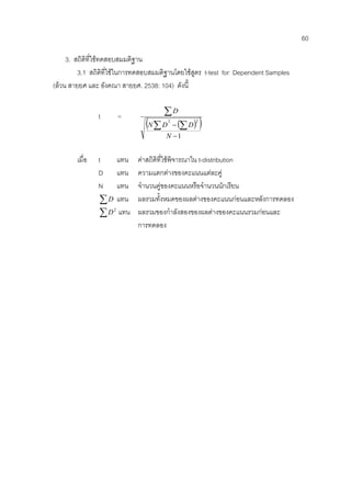 60
3. สถิติที่ใชทดสอบสมมติฐาน
3.1 สถิติที่ใชในการทดสอบสมมติฐานโดยใชสูตร t-test for Dependent Samples
(ลวน สายยศ และ อังคณา สายยศ. 2538: 104) ดังนี้
t =
( )( )
1
22
−
− ∑∑
∑
N
DDN
D
เมื่อ t แทน คาสถิติที่ใชพิจารณาใน t-distribution
D แทน ความแตกตางของคะแนนแตละคู
N แทน จํานวนคูของคะแนนหรือจํานวนนักเรียน
∑D แทน ผลรวมทั้งหมดของผลตางของคะแนนกอนและหลังการทดลอง
∑ 2
D แทน ผลรวมของกําลังสองของผลตางของคะแนนรวมกอนและ
การทดลอง
 