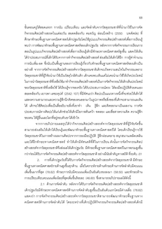 68
ขั้นตอนครูไดสอดแทรก การนับ เปรียบเทียบ และจัดลําดับจากวัสดุธรรมชาติที่นํามาใชในการจัด
กิจกรรมศิลปสรางสรรคในแตละวัน สอดคลองกับ คมขวัญ ออนบึงพราว (2550: บทคัดยอ) ที่
ศึกษาทักษะพื้นฐานทางคณิตศาสตรเด็กปฐมวัยโดยใชรูปแบบกิจกรรมศิลปสรางสรรคเพื่อการเรียนรู
พบวา การพัฒนาทักษะพื้นฐานทางคณิตศาสตรของเด็กปฐมวัย หลังจากการจัดกิจกรรมการเรียนการ
สอนในรูปแบบกิจกรรมศิลปสรางสรรคเพื่อการเรียนรูเด็กมีทักษะทางคณิตศาสตรสูงขึ้น แสดงใหเห็น
ไดวาประสบการณที่เด็กไดรับจากการทํากิจกรรมศิลปสรางสรรค สงเสริมใหเด็กไดฝก การรูคาจํานวน
การนับเพิ่ม-ลด ซึ่งนับเปนพื้นฐานของการเรียนรูเกี่ยวกับทักษะพื้นฐานทางคณิตศาสตรของเด็กเปน
อยางดี จากการจัดกิจกรรมศิลปสรางสรรคจากวัสดุธรรมชาติเด็กจะเกิดความสนใจในกิจกรรมเพราะ
วัสดุธรรมชาติที่ผูวิจัยนํามาใชเปนวัสดุใกลตัวเด็ก เด็กเคยพบเห็นแตไมเคยนํามาใชใหเกิดประโยชน
ในการนําวัสดุธรรมชาติที่เหลือใชมาทํากิจกรรมศิลปสรางสรรคเปนการจัดกิจกรรมใหเด็กเห็นประโยชน
ของวัสดุธรรมชาติที่เหลือใช ไดเรียนรูจากของจริง ไดรับประสบการณตรง ไดลงมือปฏิบัติดวยตนเอง
สอดคลองกับ เยาวพา เดชะคุปต (2542: 107) ที่มีทัศนะวา ศิลปะเปนแนวทางหนึ่งที่จะชวยใหเด็กได
แสดงความสามารถและความรูสึกนึกคิดของตนออกมาในรูปภาพหรือสิ่งของที่เด็กจะสามารถแลเห็น
ได เด็กจะใชศิลปะเพื่อเปนสื่ออธิบายสิ่งที่เขาทํา เห็น รูสึก และคิดออกมาเปนผลงาน การจัด
ประสบการณทางศิลปะใหแกเด็กชวยใหเด็กมีโอกาสคนควา ทดลอง และสื่อสารความคิด ความรูสึก
ของตน ใหผูอื่นและโลกที่อยูรอบตัวเขาไดเขาใจ
จากการอภิปรายผลสรุปไดวากิจกรรมศิลปสรางสรรคจากวัสดุธรรมชาติที่ผูวิจัยจัดขึ้น
สามารถสงเสริมใหเด็กไดเรียนรูและพัฒนาทักษะพื้นฐานทางคณิตศาสตรได โดยเด็กเรียนรูการใช
วัสดุธรรมชาติในการสรางผลงานศิลปะจากการลงมือปฏิบัติ รูสึกผอนคลาย สนุกสนานเพลิดเพลิน
และไดฝกทักษะทางคณิตศาสตร ทําใหเด็กมีทัศนคติที่ดีในการเรียน ดังนั้นการจัดกิจกรรมศิลป
สรางสรรคจากวัสดุธรรมชาติจึงสงผลใหเด็กปฐมวัย มีทักษะพื้นฐานทางคณิตศาสตรในภาพรวมสูงขึ้น
กวากอนไดรับการจัดกิจกรรมศิลปสรางสรรคจากวัสดุธรรมชาติ อยางมีนัยสําคัญทางสถิติ ที่ระดับ .01
2. การที่เด็กปฐมวัยที่ไดรับการจัดกิจกรรมศิลปสรางสรรคจากวัสดุธรรมชาติ มีทักษะ
พื้นฐานทางคณิตศาสตรรายดานสูงขึ้นทุกดาน เมื่อวิเคราะหรายดานทักษะดานการจัดลําดับมีคะแนน
เพิ่มขึ้นมากที่สุด (78.62) ทักษะการนับมีคะแนนเพิ่มเปนอันดับรองลงมา (58.50) และทักษะดาน
การเปรียบเทียบคะแนนเพิ่มนอยที่สุดเพิ่มขึ้นรอยละ (46.60) ซึ่งสามารถอภิปรายผลไดดังนี้
2.1 ดานการจัดลําดับ หลังจากไดรับการจัดกิจกรรมศิลปสรางสรรคจากวัสดุธรรมชาติ
เด็กปฐมวัยมีทักษะทางคณิตศาสตรดานการจัดลําดับสูงขึ้นเปนอันดับแรกโดยมีคาเฉลี่ย (78.62)
แสดงวา การจัดกิจกรรมศิลปสรางสรรคจากวัสดุธรรมชาติสามารถพัฒนาทักษะพื้นฐานทาง
คณิตศาสตรดานการจัดลําดับได โดยระหวางที่เด็กปฏิบัติกิจกรรมกิจกรรมศิลปสรางสรรคเด็กมี
 