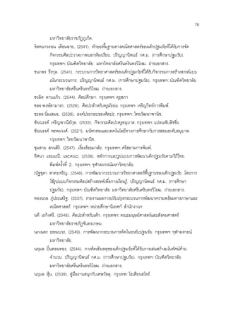 76
มหาวิทยาลัยราชภัฏภูเก็ต.
จิตทนาวรรณ เดือนฉาย. (2541). ทักษะพื้นฐานทางคณิตศาสตรของเด็กปฐมวัยที่ไดรับการจัด
กิจกรรมศิลปะวาดภาพนอกหองเรียน. ปริญญานิพนธ กศ.ม. (การศึกษาปฐมวัย).
กรุงเทพฯ: บัณฑิตวิทยาลัย มหาวิทยาลัยศรีนครินทรวิโรฒ. ถายเอกสาร.
ชนกพร ธีรกุล. (2541). กระบวนการวิทยาศาสตรของเด็กปฐมวัยที่ไดรับกิจกรรมการสรางสรรคแบบ
เนนกระบวนการ. ปริญญานิพนธ กศ.ม. (การศึกษาปฐมวัย). กรุงเทพฯ: บัณฑิตวิทยาลัย
มหาวิทยาลัยศรีนครินทรวิโรฒ. ถายเอกสาร.
ชวลิต ดาบแกว. (2544). ศิลปศึกษา. กรุงเทพฯ: คุรุสภา
ชลอ พงษสามารถ. (2526). ศิลปะสําหรับครูมัธยม. กรุงเทพฯ: เจริญวิทยการพิมพ.
ชะลอ นิ่มเสมอ. (2538). องคประกอบของศิลปะ. กรุงเทพฯ: ไทยวัฒนาพานิช.
ชัยณรงค เจริญพาณิยกุล. (2533). กิจกรรมศิลปะครูอนุบาล. กรุงเทพฯ: แปลนพับลิชชิ่ง.
ชัยณรงค พรหมวงศ. (2521). นวัตกรรมและเทคโนโลยีทางการศึกษากับการสอนระดับอนุบาล.
กรุงเทพฯ: ไทยวัฒนาพานิช.
ชุมสาย สวนสิริ. (2547). เรื่องรอยมาลัย. กรุงเทพฯ: ศรีสยามการพิมพ.
ทิศนา แขมมณี; และคณะ. (2536). หลักการและรูปแบบการพัฒนาเด็กปฐมวัยตามวิถีไทย.
พิมพครั้งที่ 2. กรุงเทพฯ: จุฬาลงกรณมหาวิทยาลัย.
ณัฐชุดา สาครเจริญ. (2548). การพัฒนากระบวนการวิทยาศาสตรพื้นฐานของเด็กปฐมวัย โดยการ
ใชรูปแบบกิจกรรมศิลปสรางสรรคเพื่อการเรียนรู. ปริญญานิพนธ กศ.ม. (การศึกษา
ปฐมวัย). กรุงเทพฯ: บัณฑิตวิทยาลัย มหาวิทยาลัยศรีนครินทรวิโรฒ. ถายเอกสาร.
ทองนวล ภูประเสริฐ. (2537). รายงานผลการปรับปรุงกระบวนการพัฒนาความพรอมทางภาษาและ
คณิตศาสตร. กรุงเทพฯ: หนวยศึกษานิเทศก สํานักงานฯ
นที เถกิงศรี. (2548). ศิลปะสําหรับเด็ก. กรุงเทพฯ: คณะมนุษยศาสตรและสังคมศาสตร
มหาวิทยาลัยราชภัฏจันทรเกษม.
นภเนตร ธรรมบวร. (2549). การพัฒนากระบวนการคิดในระดับปฐมวัย. กรุงเทพฯ: จุฬาลงกรณ
มหาวิทยาลัย.
นฤมล ปนดอนทอง. (2544). การคิดเชิงเหตุของเด็กปฐมวัยที่ไดรับการเลนสรางมโนทัศนดาน
จํานวน. ปริญญานิพนธ กศ.ม. (การศึกษาปฐมวัย). กรุงเทพฯ: บัณฑิตวิทยาลัย
มหาวิทยาลัยศรีนครินทรวิโรฒ. ถายเอกสาร.
นฤมล หุน. (2539). คูมืองานสนุกกับเศษวัสดุ. กรุงเทพ: โอเดียนสโตร.
 