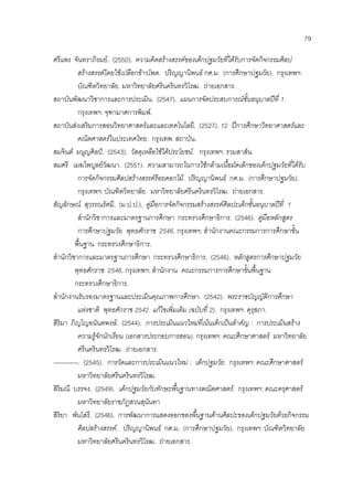 79
ศรีแพร จันทราภิรมย. (2550). ความคิดสรางสรรคของเด็กปฐมวัยที่ไดรับการจัดกิจกรรมศิลป
สรางสรรคโดยใชเปลือกขาวโพด. ปริญญานิพนธ กศ.ม. (การศึกษาปฐมวัย). กรุงเทพฯ:
บัณฑิตวิทยาลัย มหาวิทยาลัยศรีนครินทรวิโรฒ. ถายเอกสาร.
สถาบันพัฒนาวิชาการและการประเมิน. (2547). แผนการจัดประสบการณชั้นอนุบาลปที่ 1.
กรุงเทพฯ: จุฑามาศการพิมพ.
สถาบันสงเสริมการสอนวิทยาศาสตรและและเทคโนโลยี. (2527). 12 ปการศึกษาวิทยาศาสตรและ
คณิตศาสตรในประเทศไทย. กรุงเทพ: สถาบัน.
สมจินต มนูญศิลป. (2543). วัสดุเหลือใชไดประโยชน. กรุงเทพฯ: รวมสาสน.
สมศรี เมฆไพบูลยวัฒนา. (2551). ความสามารถในการใชกลามเนื้อมัดเล็กของเด็กปฐมวัยที่ไดรับ
การจัดกิจกรรมศิลปสรางสรรครอยดอกไม. ปริญญานิพนธ กศ.ม. (การศึกษาปฐมวัย).
กรุงเทพฯ: บัณฑิตวิทยาลัย มหาวิทยาลัยศรีนครินทรวิโรฒ. ถายเอกสาร.
สัญลักษณ สุวรรณรัศมี. (ม.ป.ป.). คูมือการจัดกิจกรรมสรางสรรคศิลปะเด็กชั้นอนุบาลปที่ 1
สํานักวิชาการและมาตรฐานการศึกษา กระทรวงศึกษาธิการ. (2546). คูมือหลักสูตร
การศึกษาปฐมวัย พุทธศักราช 2546. กรุงเทพฯ: สํานักงานคณะกรรมการการศึกษาขั้น
พื้นฐาน กระทรวงศึกษาธิการ.
สํานักวิชาการและมาตรฐานการศึกษา กระทรวงศึกษาธิการ. (2546). หลักสูตรการศึกษาปฐมวัย
พุทธศักราช 2546. กรุงเทพฯ: สํานักงาน คณะกรรมการการศึกษาขั้นพื้นฐาน
กระทรวงศึกษาธิการ.
สํานักงานรับรองมาตรฐานและประเมินคุณภาพการศึกษา. (2542). พระราชบัญญัติการศึกษา
แหงชาติ พุทธศักราช 2542 แกไขเพิ่มเติม (ฉบับที่ 2). กรุงเทพฯ: คุรุสภา.
สิริมา ภิญโญอนันตพงษ. (2544). การประเมินแนวใหมที่เนนเด็กเปนสําคัญ : การประเมินสราง
ความรูจักนักเรียน (เอกสารประกอบการสอน). กรุงเทพฯ: คณะศึกษาศาสตร มหาวิทยาลัย
ศรีนครินทรวิโรฒ. ถายเอกสาร.
------------. (2545). การวัดและการประเมินแนวใหม : เด็กปฐมวัย. กรุงเทพฯ: คณะศึกษาศาสตร
มหาวิทยาลัยศรีนครินทรวิโรฒ.
สิริมณี บรรจง. (2549). เด็กปฐมวัยกับทักษะพื้นฐานทางตณิตศาสตร. กรุงเทพฯ: คณะครุศาสตร
มหาวิทยาลัยราชภัฏสวนสุนันทา
สิริยา พันโสรี. (2546). การพัฒนาการแสดงออกของพื้นฐานดานศิลปะของเด็กปฐมวัยดวยกิจกรรม
ศิลปสรางสรรค. ปริญญานิพนธ กศ.ม. (การศึกษาปฐมวัย). กรุงเทพฯ: บัณฑิตวิทยาลัย
มหาวิทยาลัยศรีนครินทรวิโรฒ. ถายเอกสาร.
 