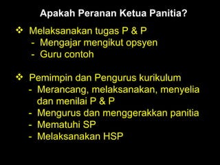 Apakah Peranan Ketua Panitia? Melaksanakan tugas P & P -  Mengajar mengikut opsyen -  Guru contoh Pemimpin dan Pengurus kurikulum -  Merancang, melaksanakan, menyelia  dan menilai P & P -  Mengurus dan menggerakkan panitia -  Mematuhi SP -  Melaksanakan HSP 