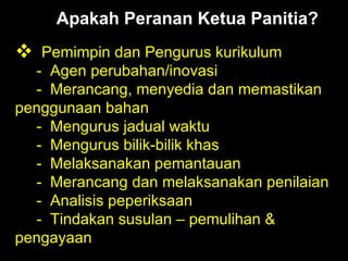 Apakah Peranan Ketua Panitia? Pemimpin dan Pengurus kurikulum -  Agen perubahan/inovasi -  Merancang, menyedia dan memastikan  penggunaan bahan -  Mengurus jadual waktu -  Mengurus bilik-bilik khas -  Melaksanakan pemantauan -  Merancang dan melaksanakan penilaian  -  Analisis peperiksaan -  Tindakan susulan – pemulihan &  pengayaan 