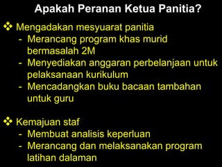 Apakah Peranan Ketua Panitia? Mengadakan mesyuarat panitia -  Merancang program khas murid       bermasalah 2M -  Menyediakan anggaran perbelanjaan untuk   pelaksanaan kurikulum -  Mencadangkan buku bacaan tambahan   untuk guru Kemajuan staf -  Membuat analisis keperluan -  Merancang dan melaksanakan program   latihan dalaman 