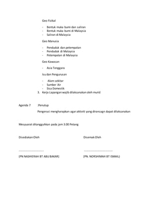 Geo Fizikal
- Bentuk muka bumi dan saliran
- Bentuk muka bumi di Malaysia
- Saliran di Malaysia
Geo Manusia
- Penduduk dan petempatan
- Penduduk di Malaysia
- Petempatan di Malaysia
Geo Kawasan
- Asia Tenggara
Isu dan Pengurusan
- Alam sekitar
- Sumber Air
- Sisa Domestik
3. Kerja Lapangan wajib dilaksanakan oleh murid
Agenda 7 :Penutup
Pengerusi mengharapkan agar aktiviti yang dirancagn dapat dilaksanakan
Mesyuarat ditangguhkan pada jam 3.00 Petang
Disediakan Oleh Disemak Oleh
…………………………….. ………………………………….
(PN NASHIERAH BT ABU BAKAR) (PN. NORSHIMAH BT ISMAIL)
 