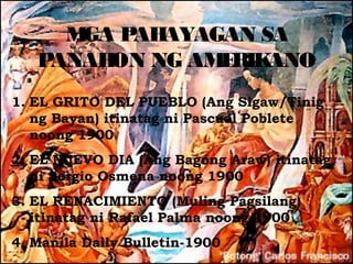 M P AYAGAN SA
      GA AH
   PANAHON NG AM RIK
                E ANO
1. EL GRITO DEL PUEBLO (Ang Sigaw/Tinig
   ng Bayan) itinatag ni Pascual Poblete
   noong 1900
2. EL NUEVO DIA (Ang Bagong Araw) itinatag
   ni Sergio Osmena noong 1900
3. EL RENACIMIENTO (Muling Pagsilang)
   itinatag ni Rafael Palma noong 1900
4. Manila Daily Bulletin-1900
 