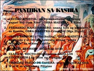 PANIT AN SA K
           IK      AST A
                      IL
1. CECILIO APOSTOL- may pinakamabuting tulang
   papuri kay Jose Rizal ; OBRA-MAESTRA- A Rizal
2. FERNANDO MA. GUERRERO- unang hari ng panulaan
   sa Kastila; OBRA-MAESTRA-Crisalidas (Mga Higad)
3. JESUS BALMORI – “Batikuling”; OBRA-MAESTRA- El
   Recuerdo y el Olvido; nahirang siyang “poeta
   laureado” sa wikang Kastila
4. MANUEL BERNABE- makatang liriko
5. CLARO M. RECTO-Obra-maestra-BAJO LOS
   COCOTEROS ( Sa Lilim ng Niyugan)
6. TRINIDAD PARDO DE TAVERA- ang nagpasok ng titik
   W at K sa abakadang Pilipino
 