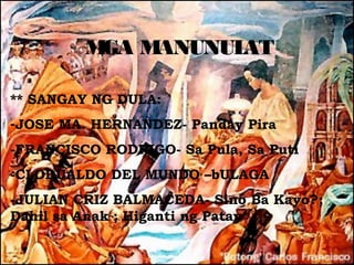 M M
          GA ANUNULAT

** SANGAY NG DULA:
-JOSE MA. HERNANDEZ- Panday Pira
-FRANCISCO RODRIGO- Sa Pula, Sa Puti
-CLODUALDO DEL MUNDO –bULAGA
-JULIAN CRIZ BALMACEDA- Sino Ba Kayo?;
Dahil sa Anak ; Higanti ng Patay
 
