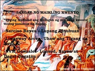 SANGAY NG MAIKLING KWENTO
*Naging maunlad ang larangan ng maikling kwento
noong panahon ng Hapon.

-Narciso Reyes – Lupang Tinubuan
-Liwayway Arceo- Uhaw ang Tigang na
Lupa
-NVM Gonzales- Lunsod, Nayon at
Dagat-Dagatan
 