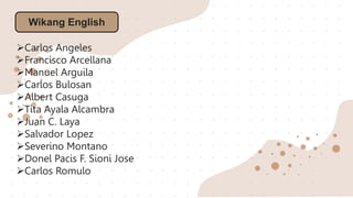 Carlos Angeles
Francisco Arcellana
Manuel Arguila
Carlos Bulosan
Albert Casuga
Tita Ayala Alcambra
Juan C. Laya
Salvador Lopez
Severino Montano
Donel Pacis F. Sioni Jose
Carlos Romulo
Wikang English
 