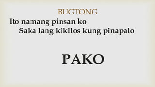 BUGTONG
Ito namang pinsan ko
Saka lang kikilos kung pinapalo
PAKO
 