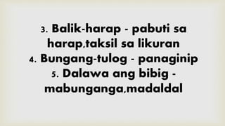 3. Balik-harap - pabuti sa
harap,taksil sa likuran
4. Bungang-tulog - panaginip
5. Dalawa ang bibig -
mabunganga,madaldal
 