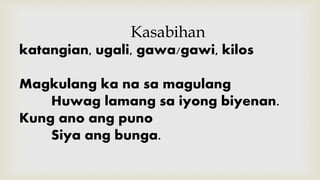 Kasabihan
katangian, ugali, gawa/gawi, kilos
Magkulang ka na sa magulang
Huwag lamang sa iyong biyenan.
Kung ano ang puno
Siya ang bunga.
 