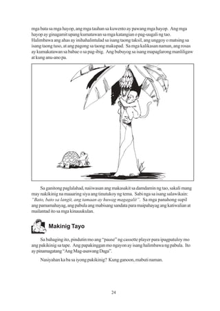 mga bata sa mga hayop, ang mga tauhan sa kuwento ay pawang mga hayop. Ang mga
hayop ay ginagamit upang kumatawan sa mga katangian o pag-uugali ng tao.
Halimbawa ang ahas ay inihahalintulad sa isang taong taksil, ang unggoy o matsing sa
isang taong tuso, at ang pagong sa taong makupad. Sa mga kalikasan naman, ang rosas
ay kumakatawan sa babae o sa pag-ibig. Ang bubuyog sa isang mapaglarong manliligaw
at kung anu-ano pa.




     Sa ganitong paglalahad, naiiwasan ang makasakit sa damdamin ng tao, sakali mang
may nakikinig na maaaring siya ang tinutukoy ng tema. Sabi nga sa isang salawikain:
“Bato, bato sa langit, ang tamaan ay huwag magagalit”. Sa mga panahong supil
ang pamamahayag, ang pabula ang mabisang sandata para maipahayag ang katiwalian at
mailantad ito sa mga kinauukulan.


         Makinig Tayo

     Sa bahaging ito, pindutin mo ang “pause” ng cassette player para ipagpatuloy mo
ang pakikinig sa tape. Ang papakinggan mo ngayon ay isang halimbawa ng pabula. Ito
ay pinamagatang “Ang Mag-asawang Daga”.
    Nasiyahan ka ba sa iyong pakikinig? Kung ganoon, mabuti naman.




                                          24
 