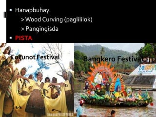  Hanapbuhay
>Wood Curving (paglililok)
> Pangingisda
 PISTA
CocunotFestival Bangkero Festival
 