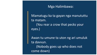 Mga Halimbawa:
Mamatugu ka ta gayan nga manututtu
ta matam.
(You rear a crow that pecks your
eyes.)
Awan tu umune ta uton ng ari umuluk
ta davvun.
(Nobody goes up who does not
come down)
 