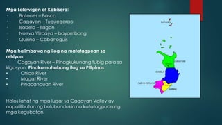 Mga Lalawigan at Kabisera:
· Batanes – Basco
· Cagayan – Tuguegarao
· Isabela – Ilagan
· Nueva Vizcaya – bayombong
· Quirino – Cabarroguis
Mga halimbawa ng ilog na matatagpuan sa
rehiyon:
Cagayan River – Pinagkukunang tubig para sa
irigasyon. Pinakamahabang ilog sa Pilipinas
• Chico River
• Magat River
• Pinacanauan River
Halos lahat ng mga lugar sa Cagayan Valley ay
napalilibutan ng bulubundukin na katatagpuan ng
mga kagubatan.
 