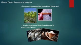 • Ang Pangasinan ay kilala rin sa bangus at
pagawaan ng asin.
• Tabako ang pangunahing produktong komersyal.
Likas na Yaman, Kabuhayan at Industriya
 