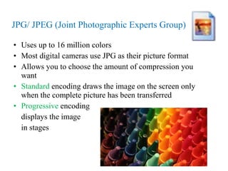JPG/ JPEG (Joint Photographic Experts Group) Uses up to 16 million colors Most digital cameras use JPG as their picture format Allows you to choose the amount of compression you want Standard  encoding draws the image on the screen only when the complete picture has been transferred  Progressive  encoding displays the image  in stages 