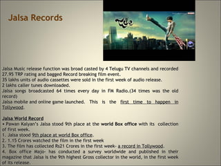 Jalsa Records Jalsa Music release function was broad casted by 4 Telugu TV channels and recorded 27.95 TRP rating and bagged Record breaking film event. 35 lakhs units of audio cassettes were sold in the first week of audio release. 2 lakhs caller tunes downloaded. Jalsa songs broadcasted 64 times every day in FM Radio.(34 times was the old record) Jalsa mobile and online game launched. This is the  first time to happen in Tollywood . Jalsa World Record   Pawan Kalyan’s Jalsa stood 9th place at the  world Box office  with its  collection of first week.  1. Jalsa stood  9th place at world Box office . 2. 1.15 Crores watched the film in the first week 3. The film has collected Rs21 Crores in the first week-  a record in Tollywood . 4. Box office Majo- has conducted a survey worldwide and published in their magazine that Jalsa is the 9th highest Gross collector in the world, in the first week of its release. 5.  First time A Telugu film Jalsa got the place in the world box office. 