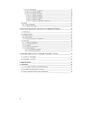 2.3.10.2. La subordinació _______________________________________________________ 55
         2.3.10.2.1. Les oracions completives ____________________________________________ 55
         2.3.10.2.2. Les oracions relatives _______________________________________________ 56
         2.3.10.2.3. Les oracions adverbials ______________________________________________ 60
            2.3.10.2.3.1. Oracions temporals______________________________________________ 60
            2.3.10.2.3.2. Oracions de manera _____________________________________________ 61
            2.3.10.2.3.3. Oracions de finalitat _____________________________________________ 61
            2.3.10.2.3.4. Oracions causals ________________________________________________ 61
            2.3.10.2.3.5. Oracions condicionals i concessives_________________________________ 62
 2.4. LÈXIC _______________________________________________________________ 63
     2.4.1. Termes de parentiu _________________________________________________________ 63
     2.4.2. L’expressió del temps _______________________________________________________ 65

3. RESUM DE QÜESTIONS GRAMATICALS PROBLEMÀTIQUES ______________ 66

 3.1. FONÈTICA ___________________________________________________________ 66
 3.2. MORFOLOGIA _______________________________________________________ 67
     3.2.1. Flexió nominal_____________________________________________________________ 67
     3.2.2. Flexió verbal ______________________________________________________________ 69
     3.2.3. Formació de paraules: la composició ___________________________________________ 69
 3.3. SINTAXI _____________________________________________________________ 70
     3.3.1. L’ordre dels constituents _____________________________________________________ 70
     3.3.2. Les oracions atributives______________________________________________________ 70
     3.3.3. La negació ________________________________________________________________ 70
     3.3.4. Les oracions interrogatives ___________________________________________________ 70
     3.3.5. L’oració composta__________________________________________________________ 71
          3.3.5.1. Les oracions completives _______________________________________________ 71
          3.3.5.2. Les oracions de relatiu _________________________________________________ 71

4. VOCABULARIS CATALÀ - PANJABI / PANJABI - CATALÀ __________________ 72

 4.1. CATALÀ - PANJABI ___________________________________________________ 74
 4.2. PANJABI - CATALÀ ___________________________________________________ 82

5. BIBLIOGRAFIA _________________________________________________________ 91
6. APÈNDIXS ______________________________________________________________ 92
 6.1. L’ALFABET FONÈTIC INTERNACIONAL ________________________________ 92
 6.2. QUADRE DE SONS DEL CATALÀ _______________________________________ 93
 6.3. MAPA (GRUPS ÈTNICS DEL PAKISTAN)_________________________________ 94




96
 