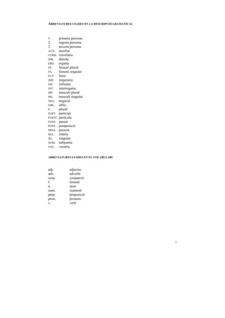ABREVIATURES USADES EN LA DESCRIPCIÓ GRAMATICAL



1.     primera persona
2.     segona persona
3.     tercera persona
AUX. auxiliar
CORR. correlatiu
DIR.   directe
ERG. ergatiu
FP.    femení plural
FS.    femení singular
FUT.   futur
IMP.   imperatiu
INF.   infinitiu
INT.   interrogatiu
MP.    masculí plural
MS.    masculí singular
NEG. negació
OBL. oblic
P.     plural
PART. participi
PARTC. partícula
PASS. passat
POST. postposició
PRES. present
REL.   relatiu
SG.    singular
SUBJ. subjuntiu
VOC. vocatiu


ABREVIATURES USADES EN EL VOCABULARI



adj.          adjectiu
adv.          adverbi
conj.         conjunció
f.            femení
n.            nom
num.          numeral
prep.         preposició
pron.         pronom
v.            verb




                                                  v
 
