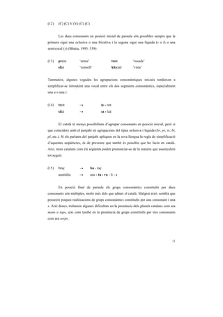 (12)    (C) (C) V (V) (C) (C)


        Les dues consonants en posició inicial de paraula són possibles sempre que la
primera sigui una oclusiva o una fricativa i la segona sigui una líquida (r o l) o una
semivocal (y) (Bhatia, 1993: 339):


(13)    prem           ‘amor’                      treR      ‘rosada’
        sláá           ‘consell’                   khyaal    ‘vista’


Tanmateix, algunes vegades les agrupacions consonàntiques inicials tendeixen a
simplificar-se introduint una vocal entre els dos segments consonàntics, especialment
una a o una i:


(14)    treR           →                ta - reR
        sláá           →                sa - láá


        El català té menys possibilitats d’agrupar consonants en posició inicial, però sí
que coincideix amb el panjabi en agrupacions del tipus oclusiva i líquida (br, pr, tr, bl,
pl, etc.). Si els parlants del panjabi apliquen en la seva llengua la regla de simplificació
d’aquestes seqüències, és de preveure que també és possible que ho facin en català.
Així, mots catalans com els següents poden pronunciar-se de la manera que assenyalem
tot seguit:


(15)    braç           →        ba - raç
        austràlia      →        aus - tu - ra - li - a


        En posició final de paraula els grups consonàntics constituïts per dues
consonants són múltiples, molts més dels que admet el català. Malgrat això, sembla que
posseeix poques realitzacions de grups consonàntics constituïts per una consonant i una
s. Així doncs, trobarem algunes dificultats en la pronúncia dels plurals catalans com ara
mans o taps, així com també en la pronúncia de grups constituïts per tres consonants
com ara serps.




                                                                                         11
 