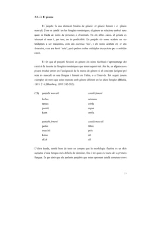 2.2.1.3. El gènere


         El panjabi fa una distinció binària de gènere: el gènere femení i el gènere
masculí. Com en català i en les llengües romàniques, el gènere es relaciona amb el sexe
quan es tracta de noms de persones o d’animals. En els altres casos, el gènere és
inherent al nom i, per tant, no és predictible. En panjabi els noms acabats en -aa
tendeixen a ser masculins, com ara muNDaa ‘noi’, i els noms acabats en -ii són
femenins, com ara kuRii ‘noia’, però podem trobar múltiples excepcions per a ambdós
casos.


         El fet que el panjabi flexioni en gènere els noms facilitarà l’aprenentatge del
català i de la resta de llengües romàniques que tenen aquest tret. Ara bé, en algun cas es
poden produir errors en l’assignació de la marca de gènere si el concepte designat pel
nom és masculí en una llengua i femení en l’altra, o a l’inrevés. Tot seguit posem
exemples de mots que estan marcats amb gènere diferent en les dues llengües (Bhatia,
1993: 216; Bhardwaj, 1995: 242-282):


(23)     panjabi masculí                            català femení

         haftaa                                     setmana
         rassaa                                     corda
         paaNii                                     aigua
         kann                                       orella


         panjabi femení                             català masculí
         pothii                                     llibre
         macchii                                    peix
         kalaa                                      art
         akkh                                       ull


D’altra banda, també hem de tenir en compte que la morfologia flectiva és un dels
aspectes d’una llengua més difícils de dominar, fins i tot quan es tracta de la primera
llengua. És per això que els parlants panjabis que estan aprenent català cometen errors




                                                                                       15
 