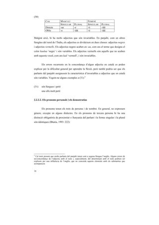 (30)
            CAS                MASCULÍ                      FEMENÍ
                               SINGULAR      PLURAL         SINGULAR        PLURAL
            Directe            -aa           -e             -ii             -iãã
            Oblic              -e            -iãã           -ii             -iãã

Malgrat això, hi ha molts adjectius que són invariables. En panjabi, com en altres
llengües del nord de l’Índia, els adjectius es divideixen en dues classes: adjectius negres
i adjectius vermells. Els adjectius negres acaben en -aa, com ara el terme que designa el
color kaalaa ‘negre’ i són variables. Els adjectius vermells són aquells que no acaben
amb aquesta vocal, com ara laal ‘vermell’, i són invariables.


        Els errors recurrents en la concordança d’algun adjectiu en català es poden
explicar per la dificultat general per aprendre la flexió, però també podria ser que els
parlants del panjabi assignessin la característica d’invariables a adjectius que en català
són variables. Vegem-ne alguns exemples a (31):5


(31)    són llargues i petit
        una ulls molt petit


2.2.2.2. Els pronoms personals i els demostratius


        Els pronoms tenen els trets de persona i de nombre. En general, no expressen
gènere, excepte en alguns dialectes. En els pronoms de tercera persona hi ha una
distinció obligatòria de proximitat o llunyania del parlant i la forma singular i la plural
són idèntiques (Bhatia, 1993: 222):




5
 Cal tenir present que molts parlants del panjabi tenen com a segona llengua l’anglès. Alguns errors de
no-concordança de l’adjectiu amb el nom i, especialment, del determinant amb el nom podrien ser
explicats per una influència de l’anglès, que no concorda aquests elements amb els substantius que
acompanyen.


18
 