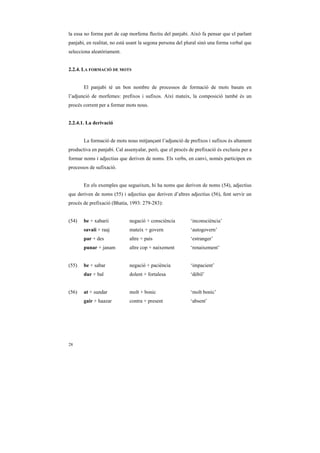 la essa no forma part de cap morfema flectiu del panjabi. Això fa pensar que el parlant
panjabi, en realitat, no està usant la segona persona del plural sinó una forma verbal que
selecciona aleatòriament.


2.2.4. LA FORMACIÓ DE MOTS


       El panjabi té un bon nombre de processos de formació de mots basats en
l’adjunció de morfemes: prefixos i sufixos. Així mateix, la composició també és un
procés corrent per a formar mots nous.


2.2.4.1. La derivació


       La formació de mots nous mitjançant l’adjunció de prefixos i sufixos és altament
productiva en panjabi. Cal assenyalar, però, que el procés de prefixació és exclusiu per a
formar noms i adjectius que deriven de noms. Els verbs, en canvi, només participen en
processos de sufixació.


       En els exemples que segueixen, hi ha noms que deriven de noms (54), adjectius
que deriven de noms (55) i adjectius que deriven d’altres adjectius (56), fent servir un
procés de prefixació (Bhatia, 1993: 279-283):


(54)   be + xabarii           negació + consciència         ‘inconsciència’
       savaii + raaj          mateix + govern               ‘autogovern’
       par + des              altre + país                  ‘estranger’
       punar + janam          altre cop + naixement         ‘renaixement’


(55)   be + sabar             negació + paciència           ‘impacient’
       dur + bal              dolent + fortalesa            ‘dèbil’


(56)   at + sundar            molt + bonic                  ‘molt bonic’
       gair + haazar          contra + present              ‘absent’




28
 