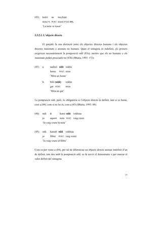 (82)   kuRii      ne     nicchiaa
       noia.FS.    POST. tossir.PASS.MS.

       ‘La noia va tossir’


2.3.2.2. L’objecte directe


       El panjabi fa una distinció entre els objectes directes humans i els objectes
directes inanimats o animats no humans. Quan el sintagma és indefinit, els primers
exigeixen necessàriament la postposició nũũ (83a), mentre que els no humans o els
inanimats poden prescindir-ne (83b) (Bhatia, 1993: 172):


(83)   a.      aadmii nũũ vekho
               home       POST.   mira
               ‘Mira un home’

       b.      bilii (nũũ)        vekho
               gat     POST.      mira
               ‘Mira un gat’


La postposició nũũ, però, és obligatòria si l’objecte directe és definit, tant si es humà,
com a (84), com si no ho és, com a (85) (Bhatia, 1993: 88):


(84)   mãi     ó          kuRii nũũ       vekhiaa
       jo      aquest     noia    POST.   vaig.veure
       ‘Jo vaig veure la noia’


(85)   mãi     kataab nũũ         vekhiaa
       jo      llibre    POST.    vaig.veure
       ‘Jo vaig veure el llibre’


Com es pot veure a (84), per tal de diferenciar un objecte directe animat indefinit d’un
de definit, tots dos amb la postposició nũũ, es fa servir el demostratiu ó per marcar el
valor definit del sintagma.




                                                                                       37
 
