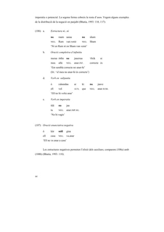 imperatiu o potencial. La segona forma cobreix la resta d’usos. Vegem alguns exemples
de la distribució de la negació en panjabi (Bhatia, 1993: 110, 117):


(106) a.       Estructura ni...ni

               na     raam aaiaa                na       sham
               NEG.   Ram      van.venir        NEG.     Sham
               ‘Ni en Ram ni en Sham van venir’

       b.      Oració completiva d’infinitiu

               meraa ótthe na            jaauNaa         Thiik     ai
               meu    allà     NEG.      anar.INF.       correcte és
               ‘Em sembla correcte no anar-hi’
               (lit.: ‘el meu no anar-hi és correcte’)

       d.      Verb en subjuntiu

               ó      cááundaa           ai     ki       na      jaave
               ell    vol                AUX.   que      NEG.    anar.SUBJ.
               ‘Ell no hi volia anar’

       e.      Verb en imperatiu

               tũũ    na       jaa
               tu     NEG.     anar.IMP.SG.
               ‘No hi vagis’



(107) Oració enunciativa negativa

       ó       kàr    náĩĩ     giaa
       ell     casa   NEG.     va.anar
       ‘Ell no va anar a casa’


       Les estructures negatives permeten l’elisió dels auxiliars; comparem (108a) amb
(108b) (Bhatia, 1993: 118):




44
 