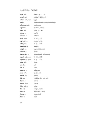 4.1. CATALÀ - PANJABI

a on adv.           jíddar [§ 2.2.2.4]
a on? adv.          kíddar? [§ 2.2.2.4]
abans adv./prep.    agge
adéu!               sat srii haal hai! (sikh), mamaste jii!
afortunat adj.      xushkismat
agafar v.           phaRnaa, laiNaa
ahir adv.           kallh [§ 2.4.2]
aigua n.            paaNii
aixecar v.          cukkNaa
això pron.          é [§ 2.2.2.2]
agradar v.          pasand hoNaa
allò pron.          ó [§ 2.2.2.2]
analfabet n.        anpáRh
anglès n.           angrezii (idioma)
animal n.           pashu
aniversari n.       janam din (de naixement)
aquell adj./pron.   ó [§ 2.2.2.2]
aquest adj./pron.   é [§ 2.2.2.2]
aquí adv.           étthe
arrel n.            jaR
art n.              kalaa
assecar v.          sukaaNaa
avui adv.           ajj [§ 2.4.2]
barat adj.          sastaa
bé adv.             Thiik    hai (lit.: estic bé)
beure v.            piiNaa
blanc adj./n.       ciTTaa
blau adj./n.        niilaa
bo adj.             cangaa, acchaa
boca n.             múú (boca i cara)
boira n.            kóraa, tùnd
braç n.             bããh


74
 