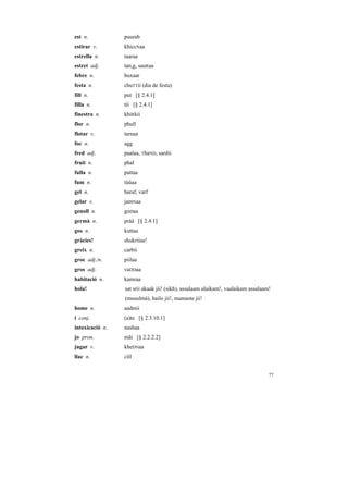 est n.           puurab
estirar v.       khiccNaa
estrella n.      taaraa
estret adj.      tan,g, sauRaa
febre n.         buxaar
festa n.         chuTTii (dia de festa)
fill n.          put [§ 2.4.1]
filla n.         tìì [§ 2.4.1]
finestra n.      khiRkii
flor n.          phull
flotar v.        tarnaa
foc n.           agg
fred adj.        paalaa, ThaND, sardii
fruit n.         phal
fulla n.         pattaa
fum n.           tùùaa
gel n.           baraf, varf
gelar v.         jamNaa
genoll n.        goDaa
germà n.         pràà [§ 2.4.1]
gos n.           kuttaa
gràcies!         shukriiaa!
greix n.         carbii
groc adj./n.     piilaa
gros adj.        vaDDaa
habitació n.     kamraa
hola!            sat srii akaak jii! (sikh), assalaam alaikam!, vaalaikam assalaam!
                 (musulmà), hailo jii!, mamaste jii!
home n.          aadmii
i conj.          (a)te [§ 2.3.10.1]
intoxicació n.   nashaa
jo pron.         mãi [§ 2.2.2.2]
jugar v.         kheDNaa
llac n.          cììl


                                                                                  77
 