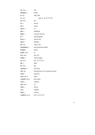 set num.          satt
setmana n.        haftaa
sí adv.           aaho, hãã
si conj.                   agar, je [§ 2.3.10.3.5]
sis num.          che
so n.             aavaaz
sol n.            suuraj
sorra n.          ret
sud n.            dakkhanh
tallar v.         váDDNaa, kaTNaa
te n.             cááh (beguda)
terra n.          zamiin, pùi
tocar v.          húúhnaa
tot adj.          saaraa, sab
tractament n.     ilaj (tractament mèdic)
treball n.        kamm
trenta num.       tíí
tres num.         tinn, trai
trobar v.         milNaa (algú)
tu pron.          tũũ [§ 2.2.2.2]
ull n.            akkh
un num.           ikk
vacances n.       chuTTiiaa
vell adj.         buDDàà (ésser viu) | puraaNaa (cosa)
venir v.          aa(u)Naa
verd adj./n.      haraa
vermell adj./n.   laal, rattaa
veure v.          vekhNaa
vint num.         víí
viure v.          ráíNaa
vol n.            makkhii
volar v.          uDDNaa
vosaltres pron.   tusĩĩ [§ 2.2.2.2]



                                                         81
 