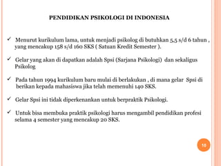 PENDIDIKAN PSIKOLOGI DI INDONESIA

 Menurut kurikulum lama, untuk menjadi psikolog di butuhkan 5,5 s/d 6 tahun ,
yang mencakup 158 s/d 160 SKS ( Satuan Kredit Semester ).
 Gelar yang akan di dapatkan adalah Spsi (Sarjana Psikologi) dan sekaligus
Psikolog
 Pada tahun 1994 kurikulum baru mulai di berlakukan , di mana gelar Spsi di
berikan kepada mahasiswa jika telah memenuhi 140 SKS.
 Gelar Spsi ini tidak diperkenankan untuk berpraktik Psikologi.
 Untuk bisa membuka praktik psikologi harus mengambil pendidikan profesi
selama 4 semester yang mencakup 20 SKS.

10

 